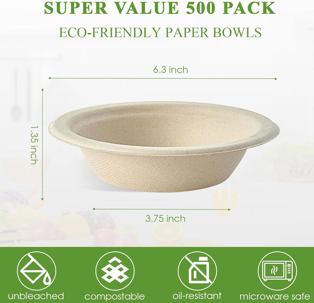Vplus 500 Pack 12 OZ Paper Bowls Bulk  Disposable Compostable  Eco-friendly Bagasse  Heavy-duty Bowls Perfect for Milk Cereals  Snacks  Salads Nature